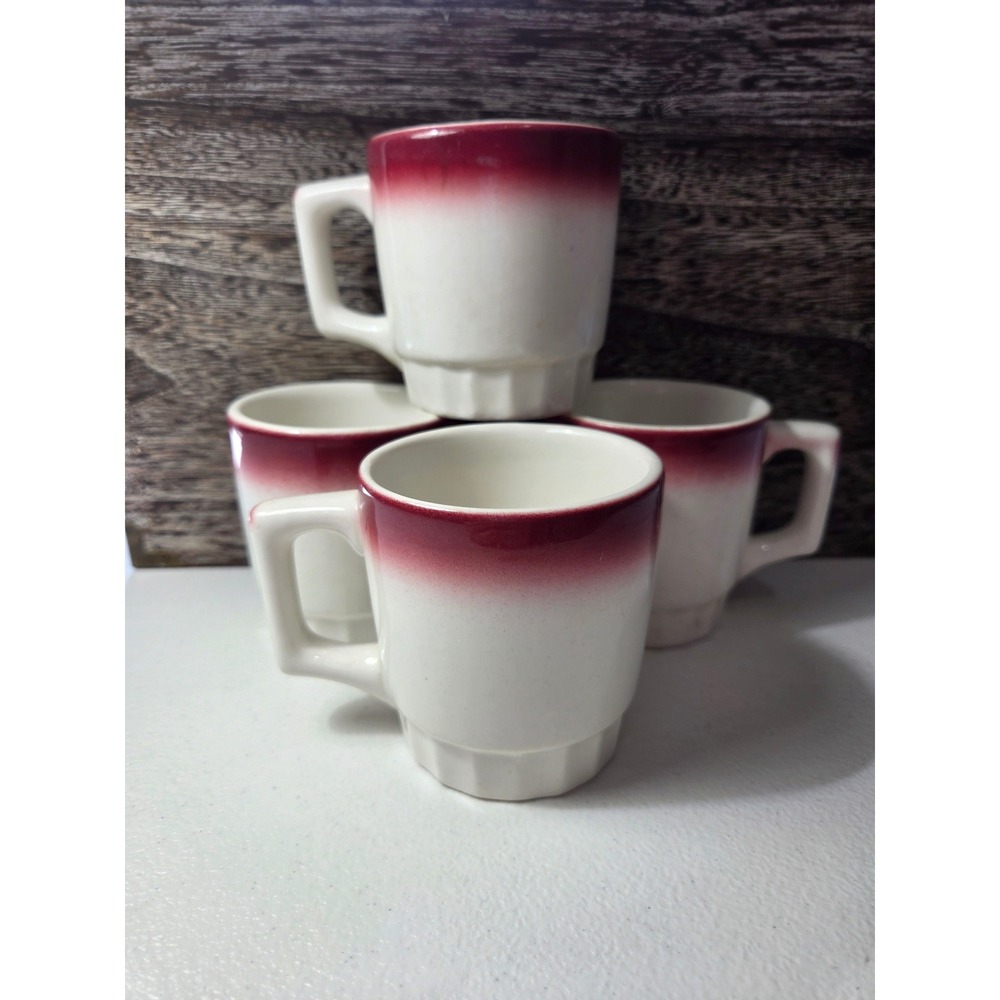 Vintage Buffalo China Red Airbrush Rim Coffee Mugs Set of 4 Restaurant Ware